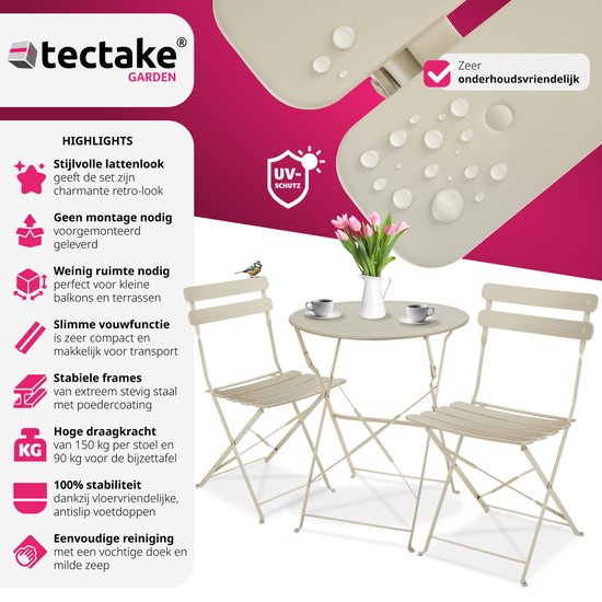 tectake - Klappbares Bistro-Set für 2 Personen mit Stahlgestell, Tisch und Gartenstühlen - Für Balkon und Terrasse - Outdoor-Set - Garten-Set - Klapptisch und Klappstühle - elegantes Design - creme