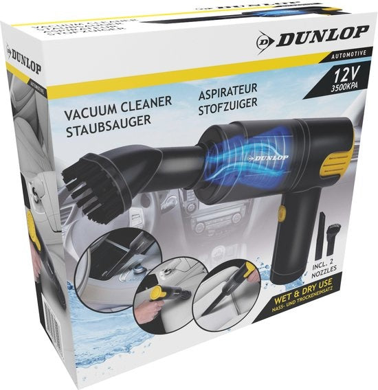 Dunlop Autostaubsauger - 12V Zigarettenanzünder - Nass und trocken - Fugen- und Bürstendüse - 3 Meter Kabel - Autozubehör - Schwarz/Gelb