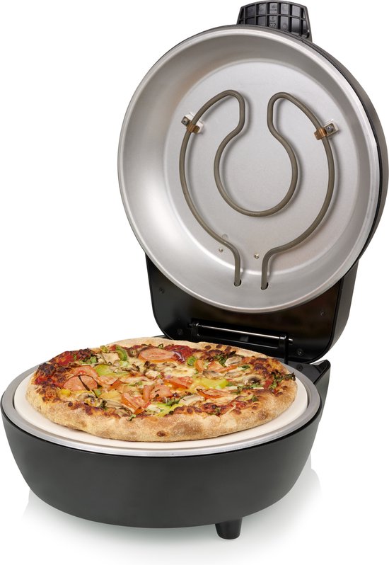 Princess 115005 Pizzaofen – Pizzabacker und Ofen – Einstellbarer Thermostat und Timer – 1200 W – Keramik-Pizzastein – 410 Grad – Durchmesser 30 cm – Schwarz