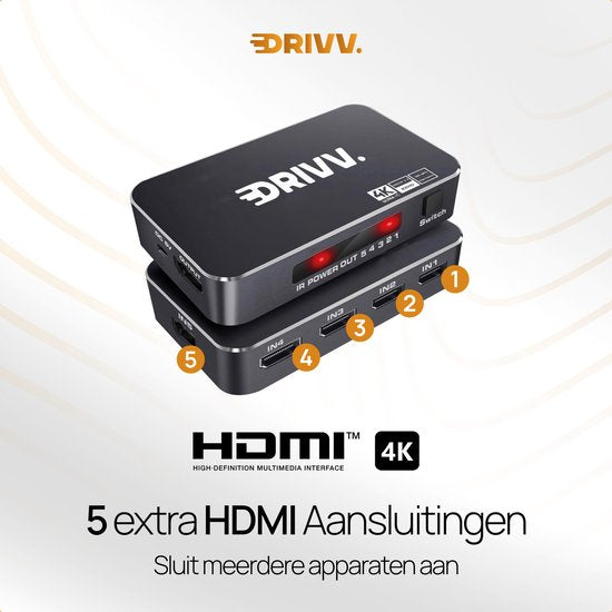 Drivv. HDMI Umschalter 4K 60Hz - 5 Eingänge 1 Ausgang - Inklusive Fernbedienung - Automatische Umschaltung - Unterstützt 720p/1080p/4K/3D - Schwarz