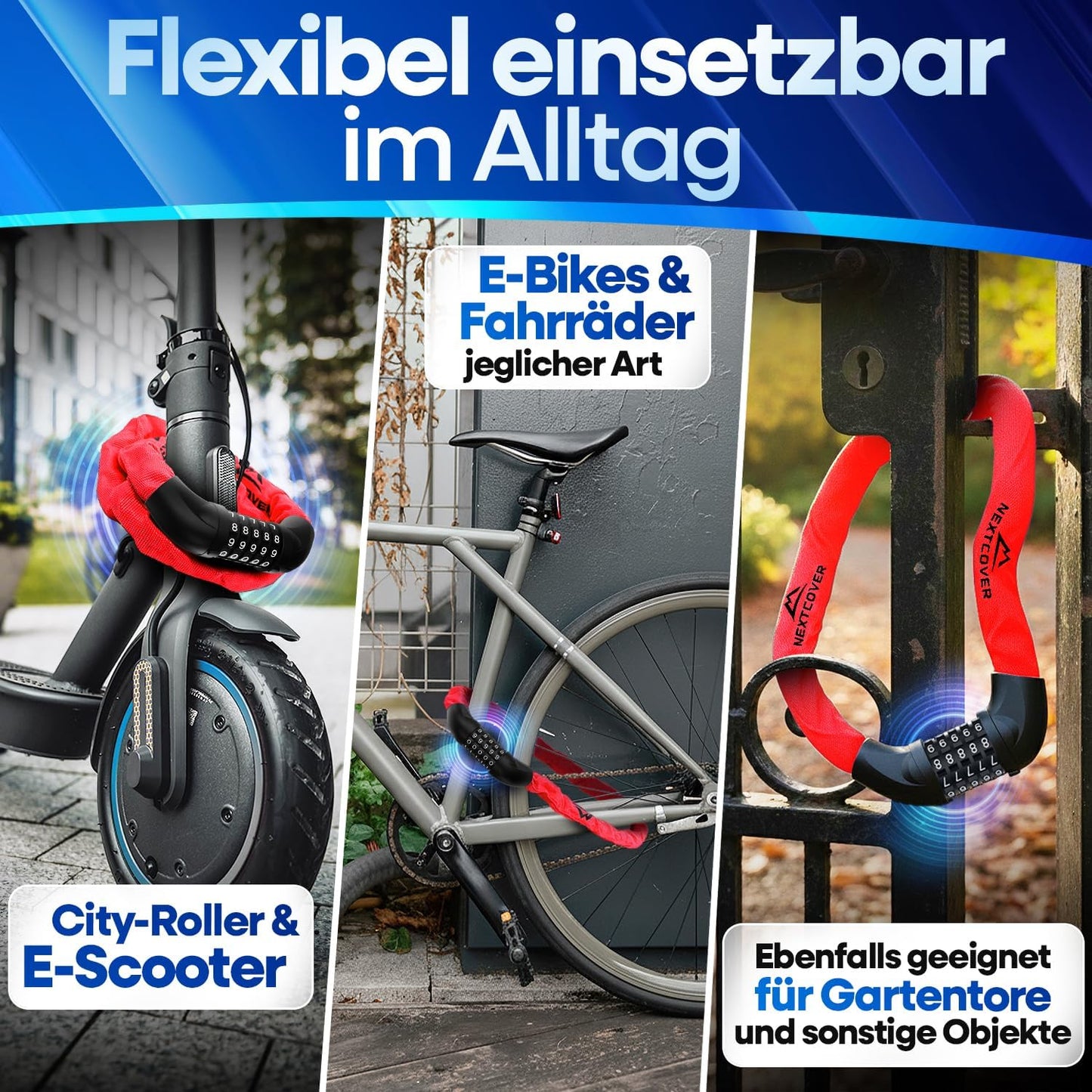 NEXTCOVER® Fahrradschloss LockOne mit Schlüssel - hohe Sicherheit - robust & langlebig - 3 Schlüssel - Rot