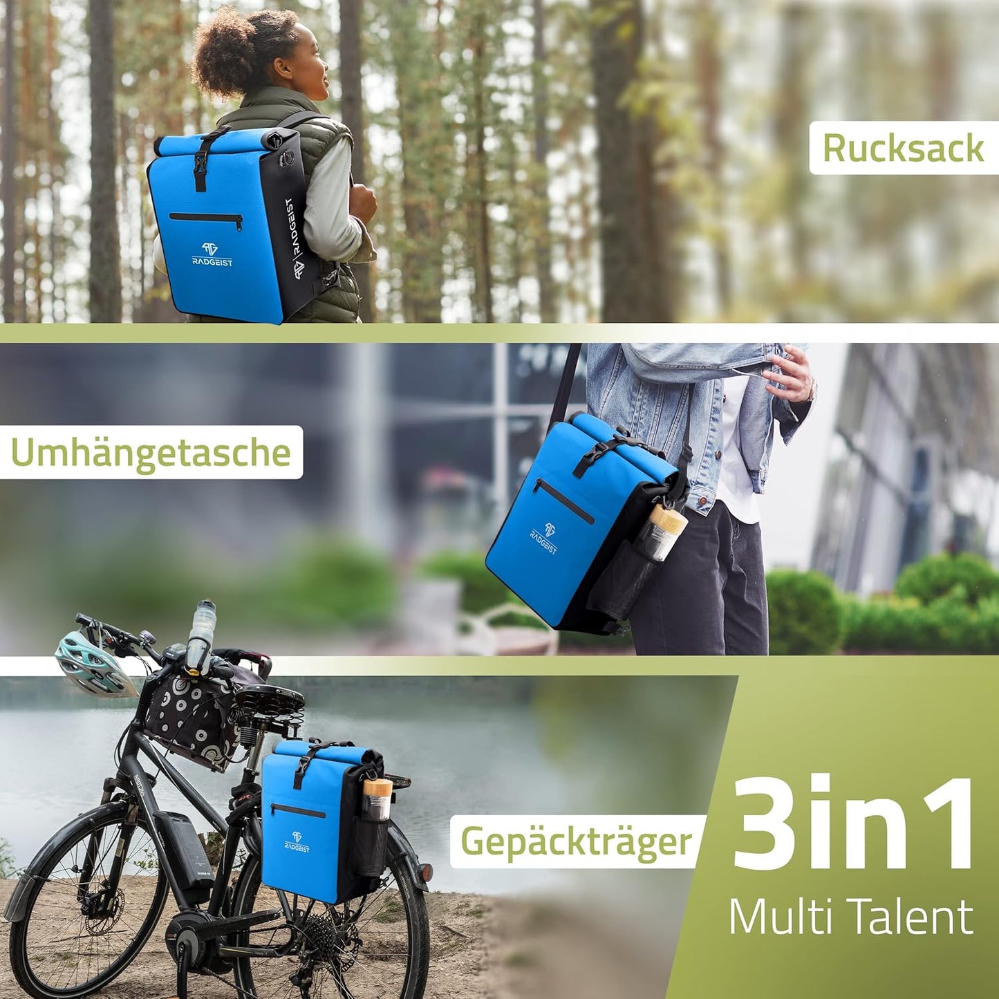 RADGEIST 3 in 1 Fahrradtasche - Für Gepäckträger - Tragetasche - Umhängetasche - Mit Laptopfach - Wasserdicht - 25L - Blau