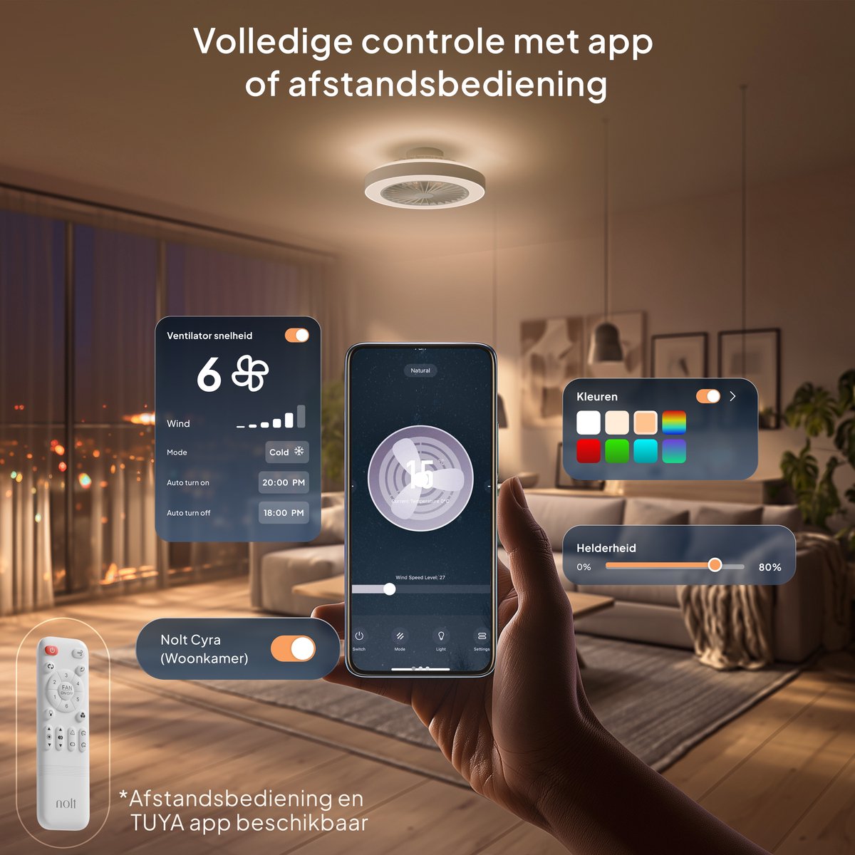 Nolt Deckenventilator mit Beleuchtung - Deckenlampe Ventilator - Deckenleuchte - LED RGBW - Tuya Wifi Smart - Fernbedienung - ⌀ 50cm - Weiß