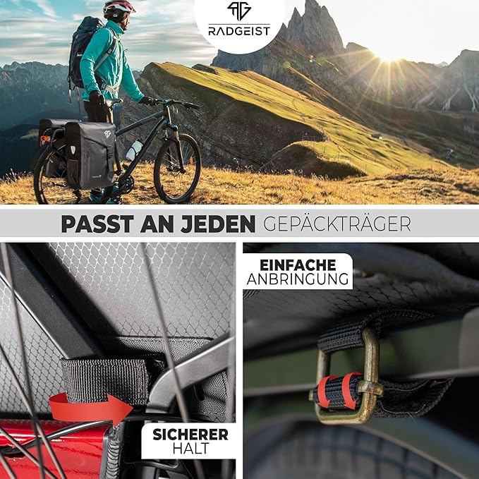RADGEIST Gepäckträgertasche 100% wasserdicht I Doppeltasche Fahrrad 50 Liter - Doppelträgertasche mit einfacher Befestigung