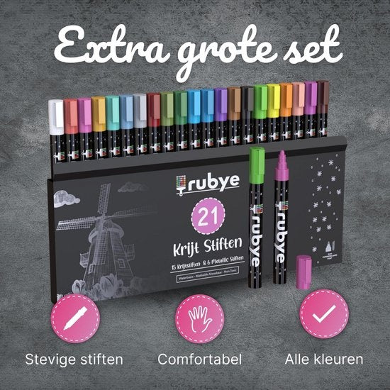 RubyeÂ® Fenstermarker Kinder - 21 Stück - Abwaschbar - Fensterkreidemarker - Whiteboardmarker