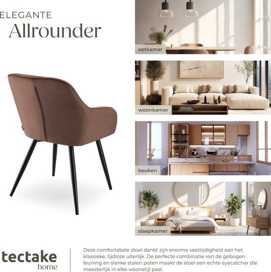 tectake® Esszimmerstuhl Marilyn - Polsterstuhl in Samtoptik - Nahtmuster - Schwarze Stuhlbeine - Ergonomischer Küchenstuhl - Mit durchgehender Rückenlehne und Armlehnen - Stuhl für Wohnzimmer, Esszimmer, Schlafzimmer - Braun