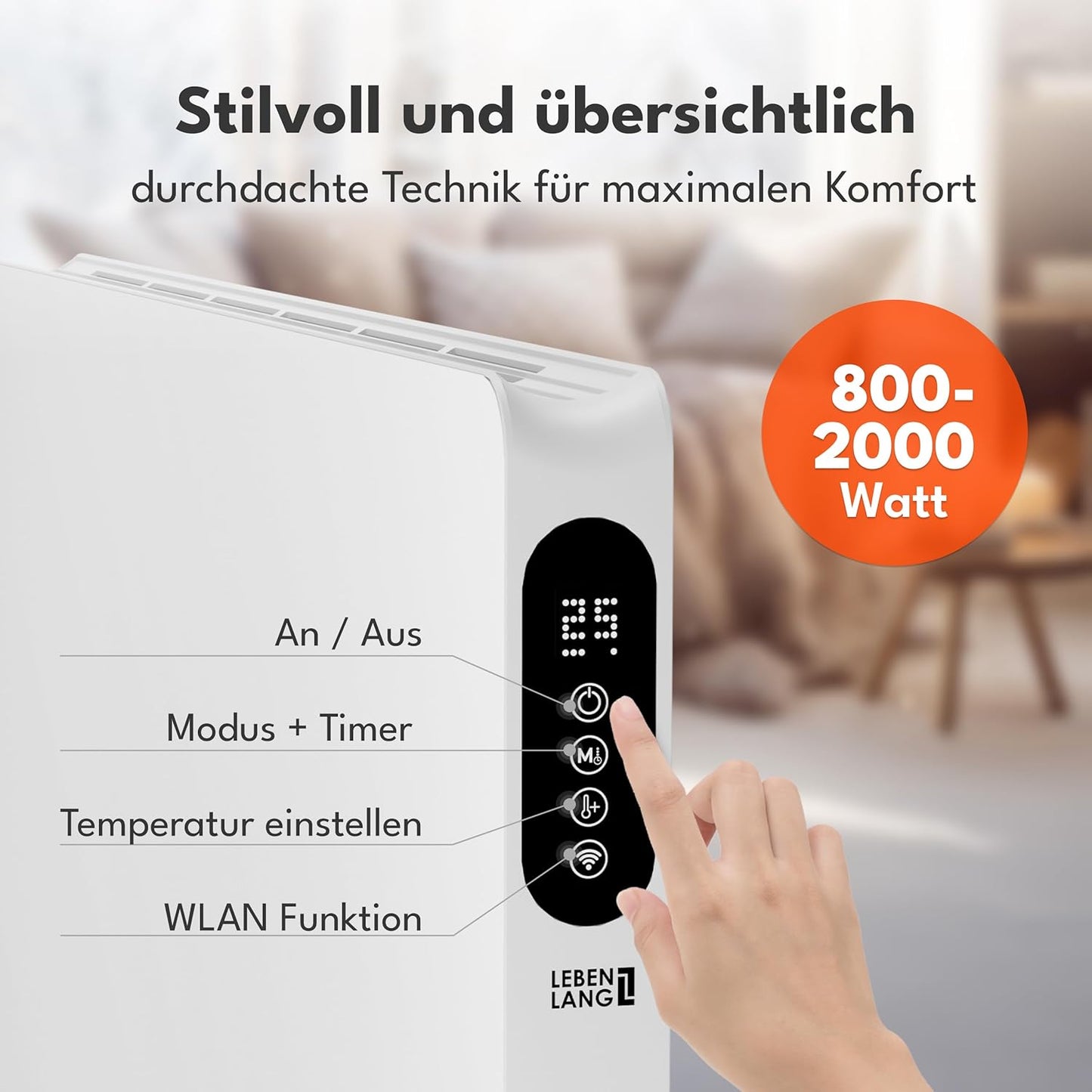 LEBENLANG Elektroheizgerät - 2000W - Wifi und App-Steuerung - Fernbedienung - 88 x 5 x 49 cm - Weiß