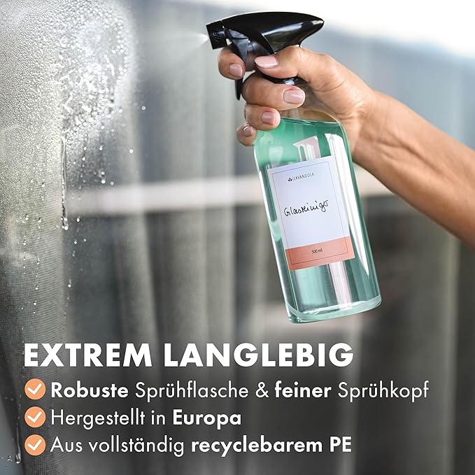 3 x Sprühflasche 500 ml mit Etiketten – gleichmäßiger und feiner Sprühstrahl, dichte und langlebige Sprühflasche für Pflanzen, kleine Sprühflasche für die Autopflege, Sprühflasche, 3er-Set Sprühflaschen