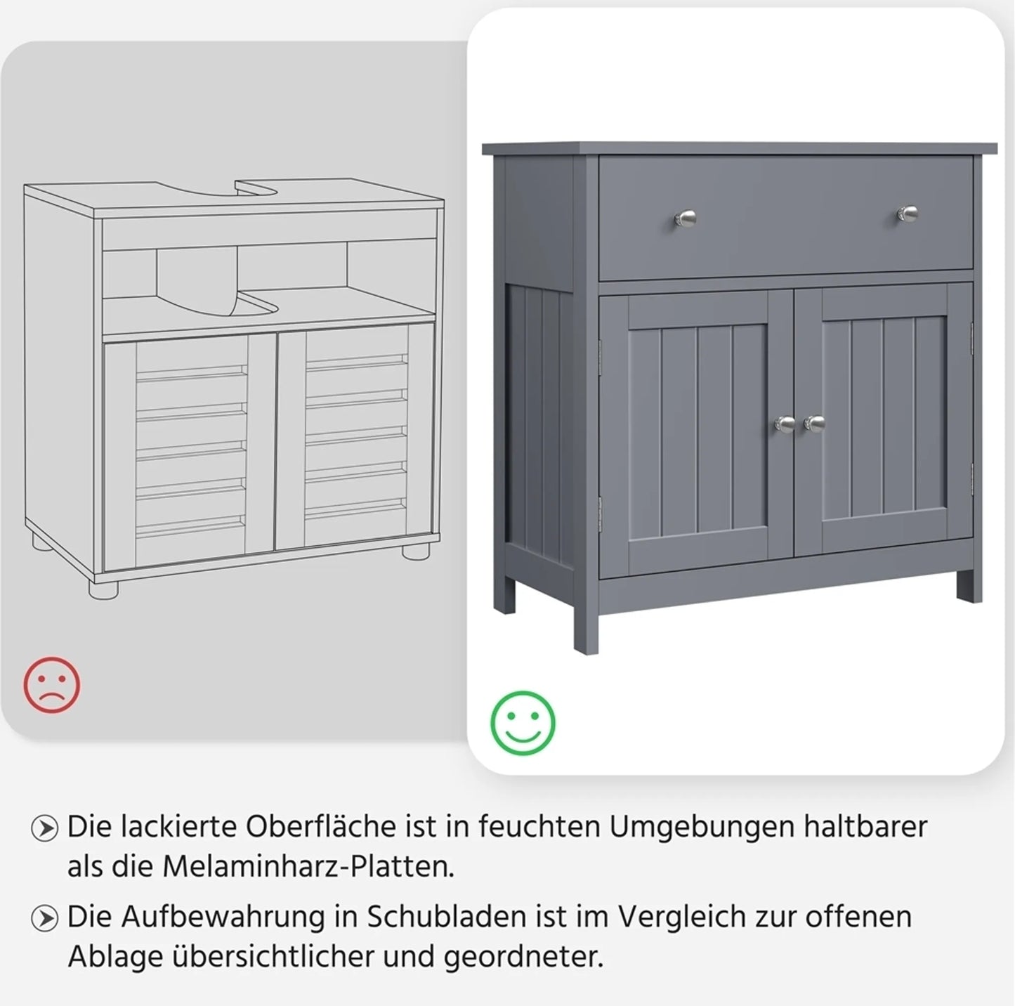 Yaheetech Unterschrank mit Schublade und zwei Fächern - Ausgestattet mit Siphonausschnitt und wasserabweisender Beschichtung und Metallbeschlägen - Für Badezimmer im Landhausstil - Dunkelgraues Mdf und Metall - 60 x 30 x 60 cm