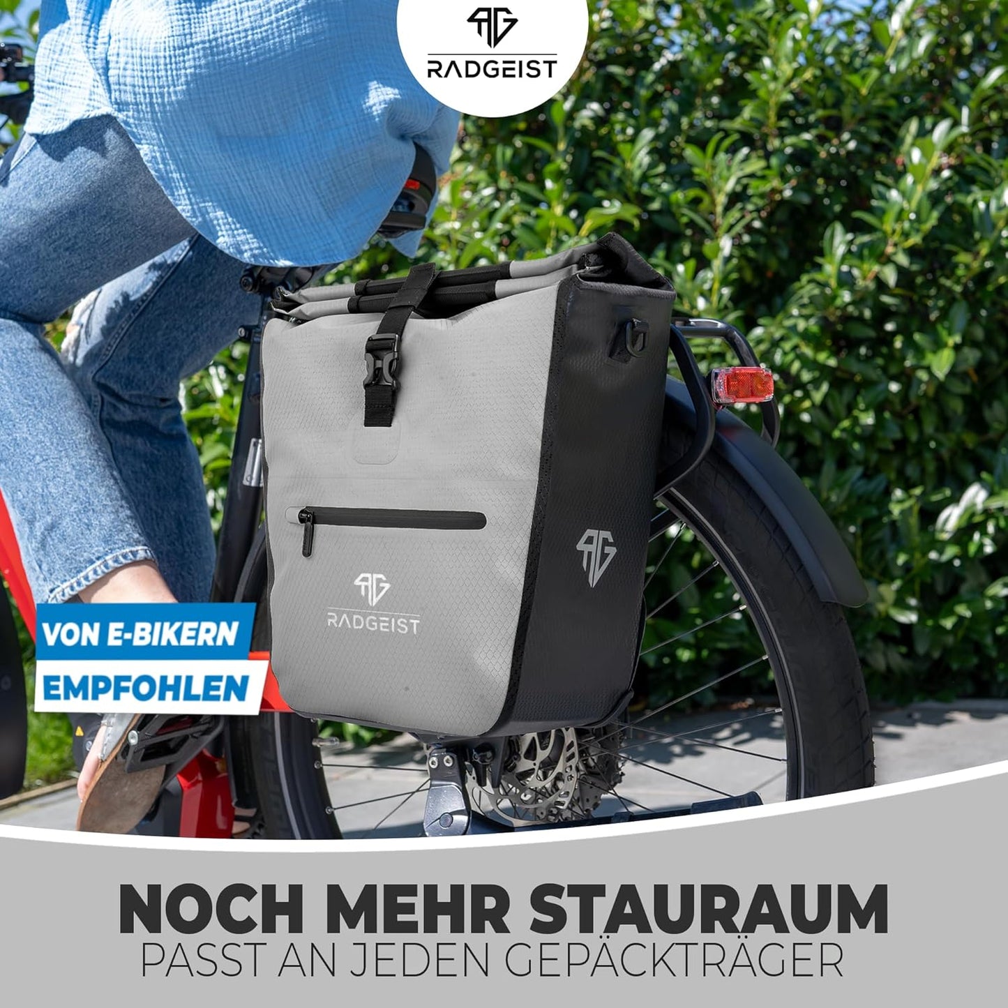 RADGEIST Fahrradtasche - Für Gepäckträger - Mit herausnehmbarer Kühltasche - Einkaufstasche - 22-28 Liter - Grau