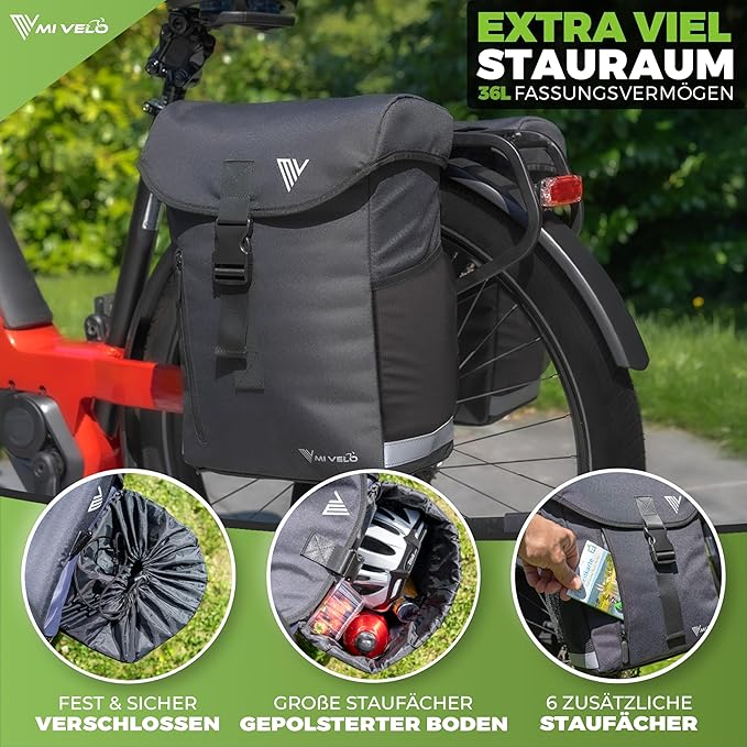MIVELO - Doppelte Fahrradtasche - 36L Kapazität - Schwarz & RPET - Regenschutz - MIK & Racktime kompatibel - Aus recyceltem Material