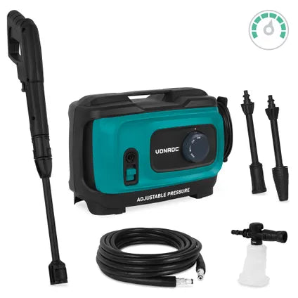 VONROC Hochdruckreiniger V18c – 1800 W – 140 bar – 420 l/h – Druckregler – 8 m Schlauch