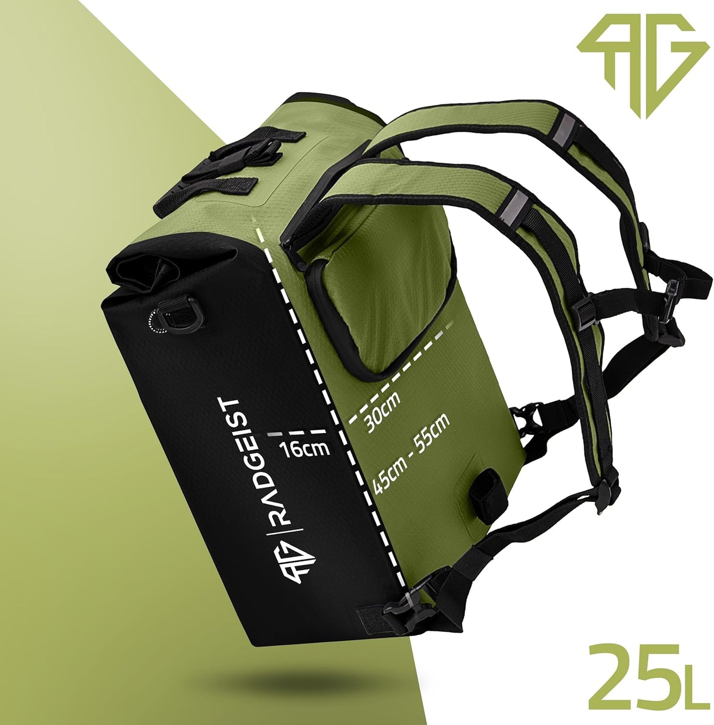 RADGEIST 3in1 Fahrradtasche für Gepäckträger I Fahrradtasche und Rucksack 25L I 100% wasserdicht