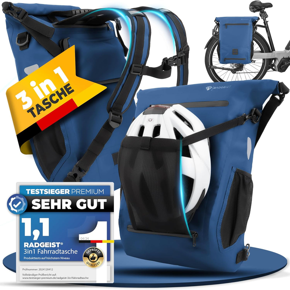 RADGEIST 3in1 Fahrradtasche für Gepäckträger I Fahrradtasche, Rucksack & Umhängetasche 18-22L I Tasche für Fahrrad 100% wasserdicht Blau