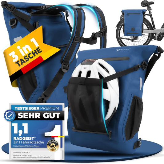 RADGEIST 3in1 Fahrradtasche für Gepäckträger I Fahrradtasche, Rucksack & Umhängetasche 18-22L I Tasche für Fahrrad 100% wasserdicht Blau