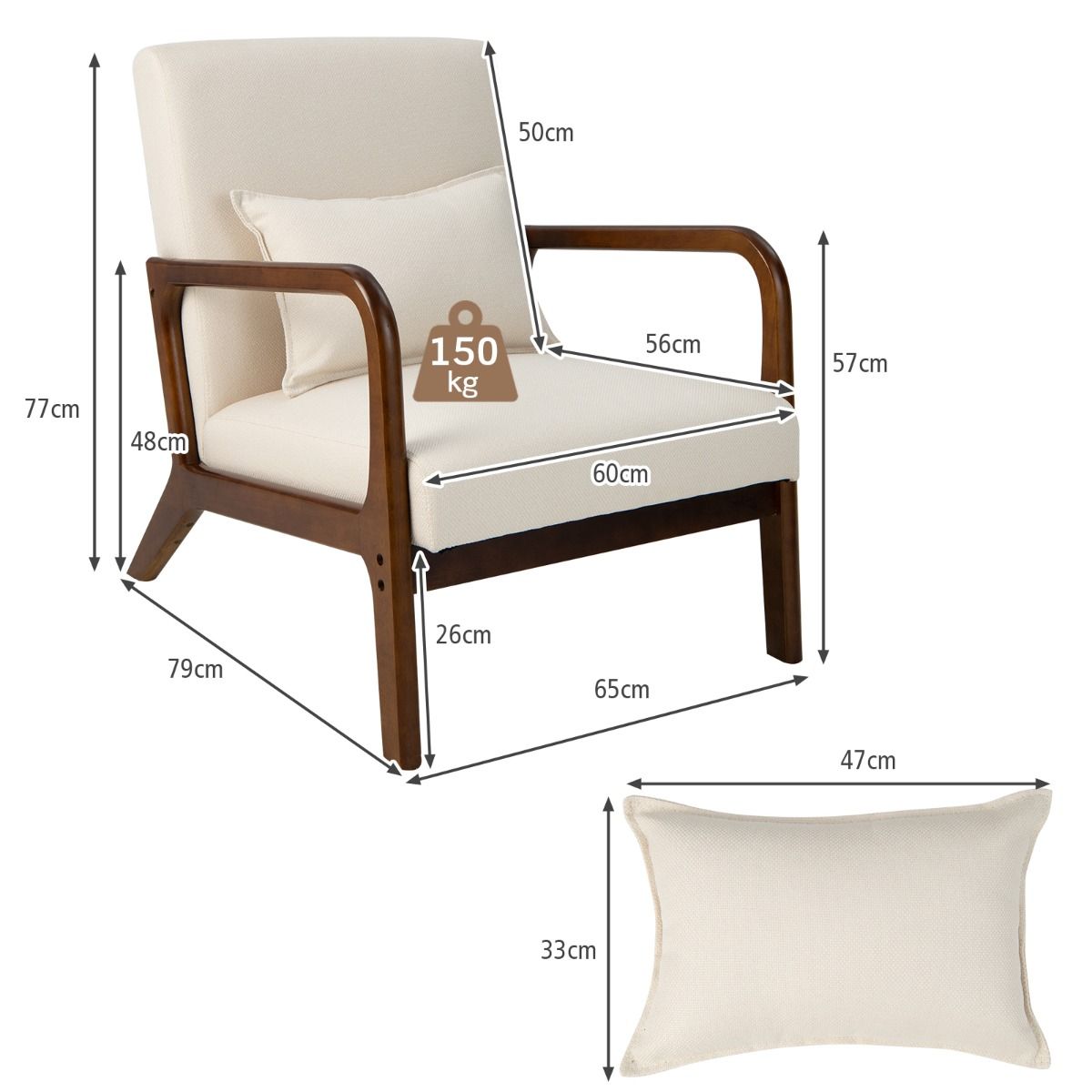 Coast Sessel Lounge Chair gepolstert mit Armlehnen, Rubberwood, Beige, 65 x 79 x 77 cm