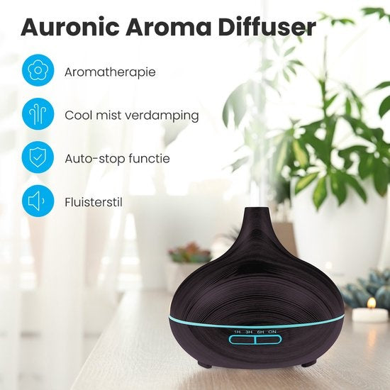 Auronic Aroma Diffuser - 300 ml - Luftbefeuchter - 7 LED Farben - Inkl. 2x Ã–l - Dunkelbraun
