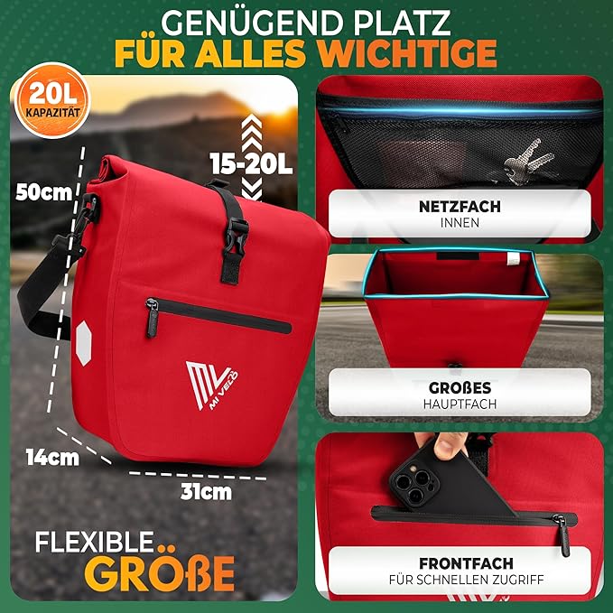 MIVELO Gepäckträgertasche & Schultertasche – 20 Liter – Rot