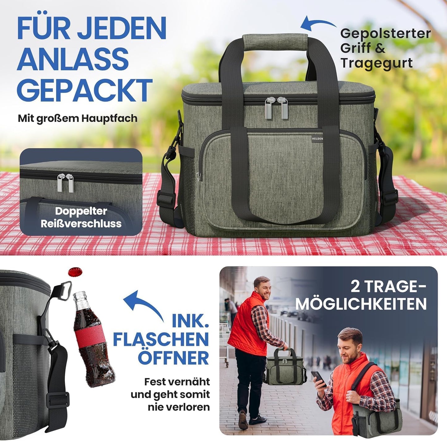 HELDENWERK Kühltasche klein & faltbar - 10 Liter Thermo-Lunchbag - wasserdicht & auslaufsicher - isolierte Picknick- und Kühltasche - mit Flaschenöffner - olivgrün