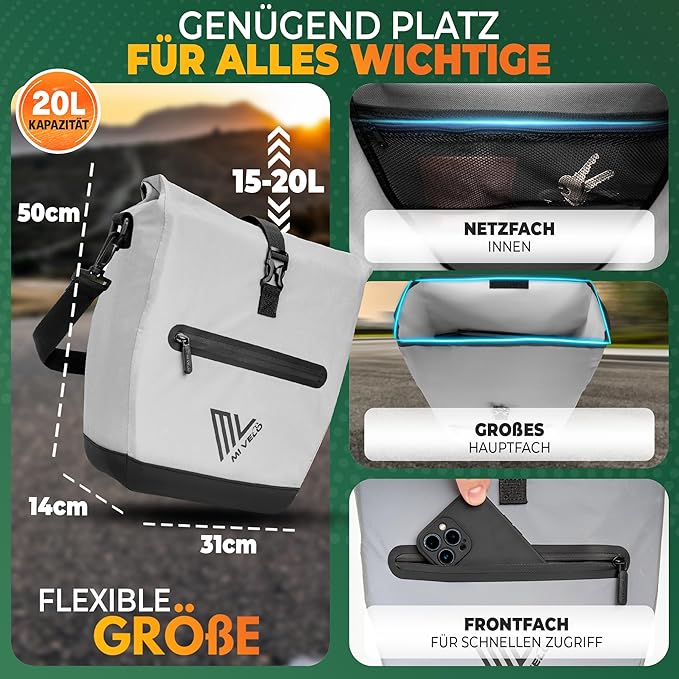 MIVELO Packtasche - Wasserdicht & Inkl. Laptopfach & Schultergurt - 20 Liter - Reflektierend