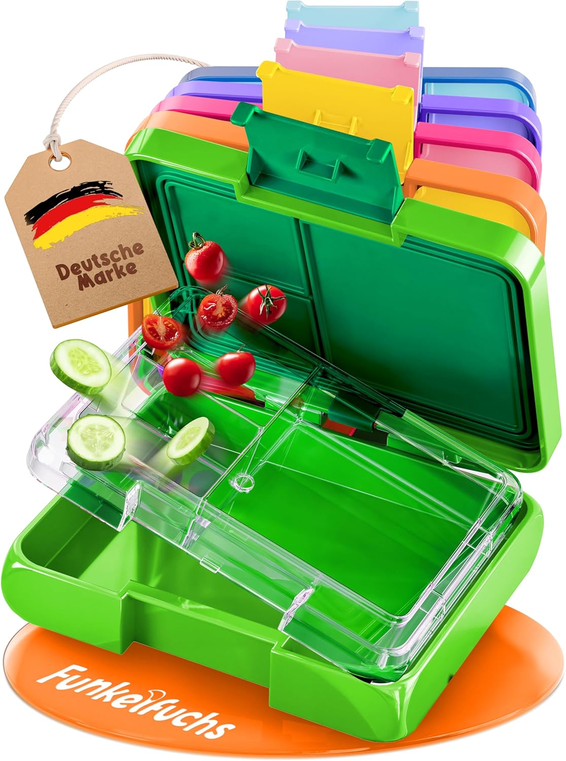 Funkelfuchs® Lunchbox für Kinder - Mit Fächern - 500ml - Für Schule, Kindergarten und Krippe - Grün