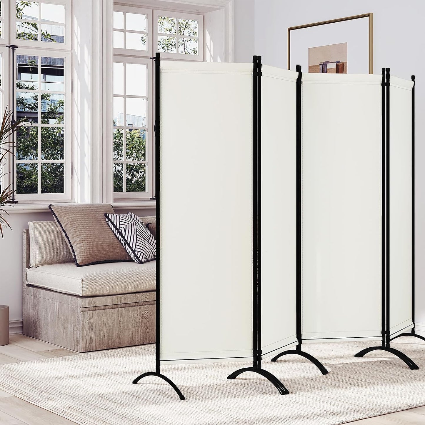 Woltu Paravent 4-teilig 224 x 182 cm - Creme - Zusammenklappbarer Raumteiler und Sichtschutz für drinnen und draußen