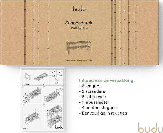 Budu Schuhregal (2 Ebenen) - Bambus Schuhschrank - Holzschuhschrank - Schuhregal Holz