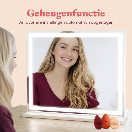 Fraay® Hollywoodspiegel mit Beleuchtung 60x50cm - 3 Lichtstufen - Schminkspiegel mit 10-facher Vergrößerung - LED-Streifenbeleuchtung dimmbar - Inkl. 2 Beauty Blenders und Puderquaste