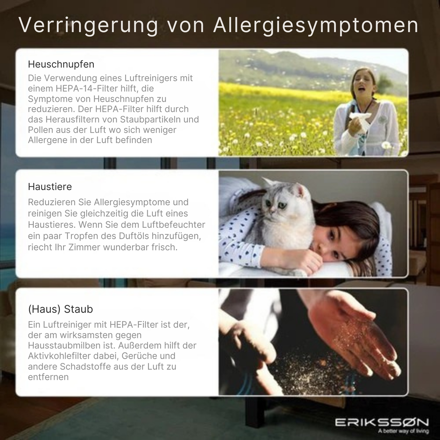 Erikssøn - 2-in-1 Luftreiniger - mit Luftbefeuchter - 330 m3/h - Hilft gegen Staub/Heuschnupfen & Allergien - Mit Hepa-Filter - Weiß
