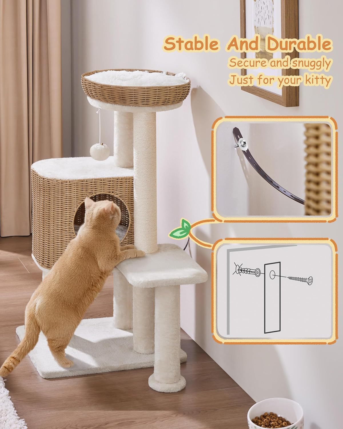 Yaheetech Katzenpfosten mit Rattan-Katzenhaus - 49 x 41 x 91 cm - ausgestattet mit Luxus-Katzenkorb und Sisal-Kratzern und weichen herausnehmbaren Matten - für Kätzchen und erwachsene Katzen - Beige Rattan und Plüsch