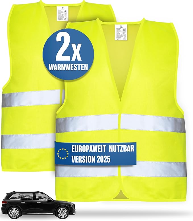 HELDENWERK Sicherheitsweste fürs Auto, 2er-Set Erwachsene - Reflektierende fluoreszierende Sicherheitsweste 2026 - Autoweste, Pannenweste, EU-zertifiziert