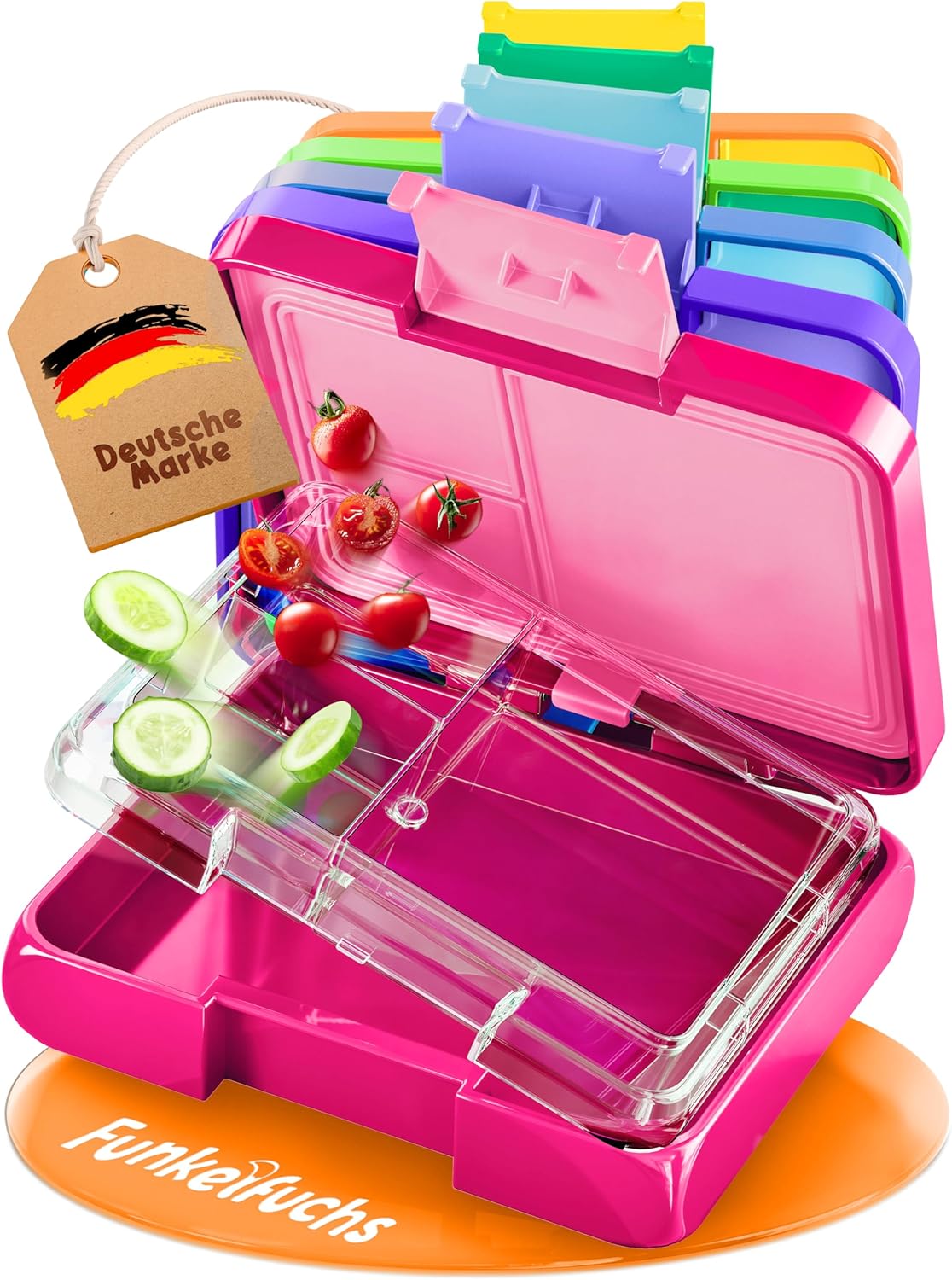 Funkelfuchs® - Lunchbox für Kinder mit Fächern - 500ml, pink - Lunchbox Stern, klein - Brotzeitbox, Snackbox, Lunchbox, Brotzeitbox, Brotdose, Bento-Box für Kinder - für Schule, Kindergarten und Hort