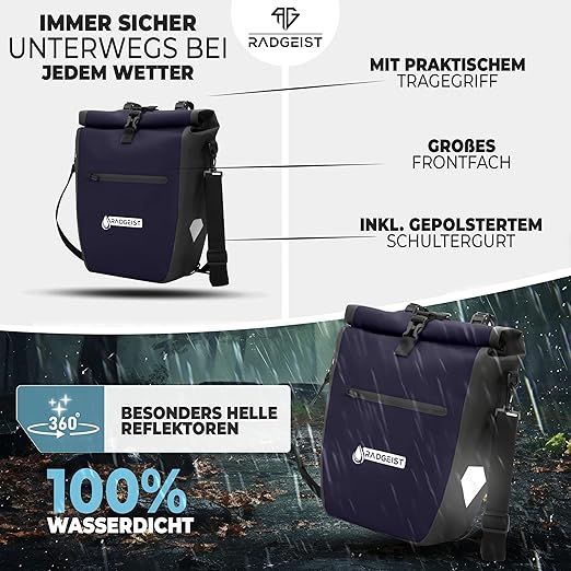 RADGEIST Fahrradtasche für Fahrradträger - Fahrradtasche für Fahrradträger - Fahrradtasche wasserdicht & Umhängetasche - Fahrradtasche mit Reflektoren - Dunkelgrün