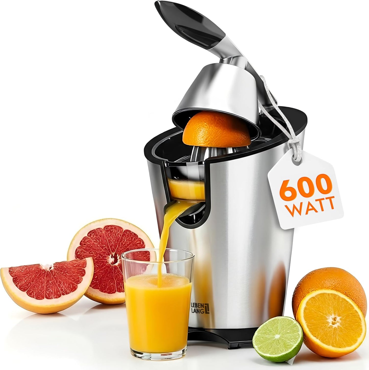 LEBENLANG Elektrische Zitruspresse - Bis zu 400ml - 600W - 20 x 20 x 31 cm - Silber