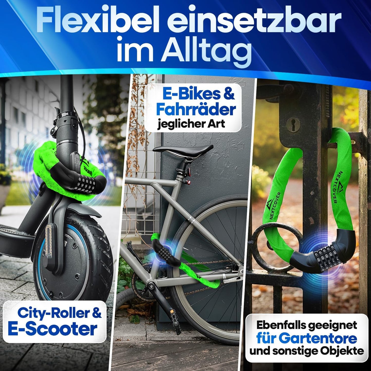 NEXTCOVER® Fahrradschloss LockOne mit Schlüssel - hohe Sicherheit - robust & langlebig - 3 Schlüssel - Grün