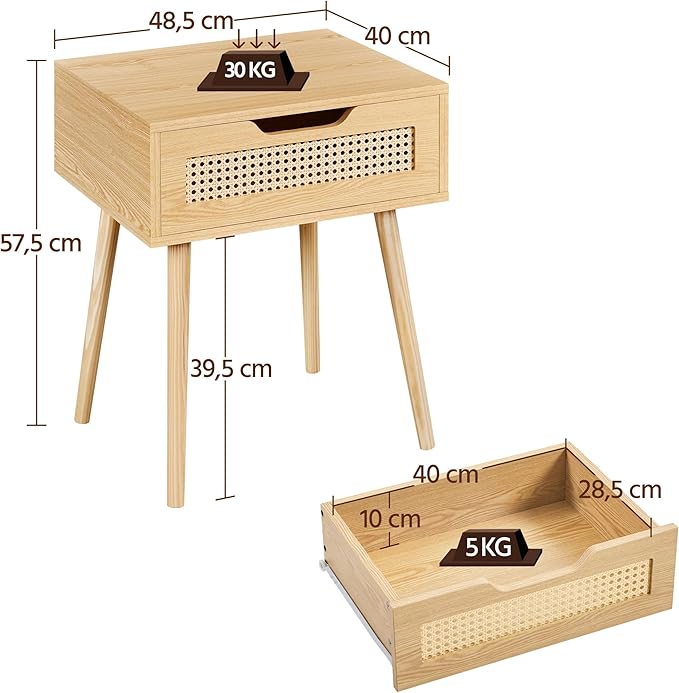 Yaheetech Nachttisch mit Rattan-Schublade – Hellbraun – 48,5 x 41 x 57,5 cm – Holzbeine