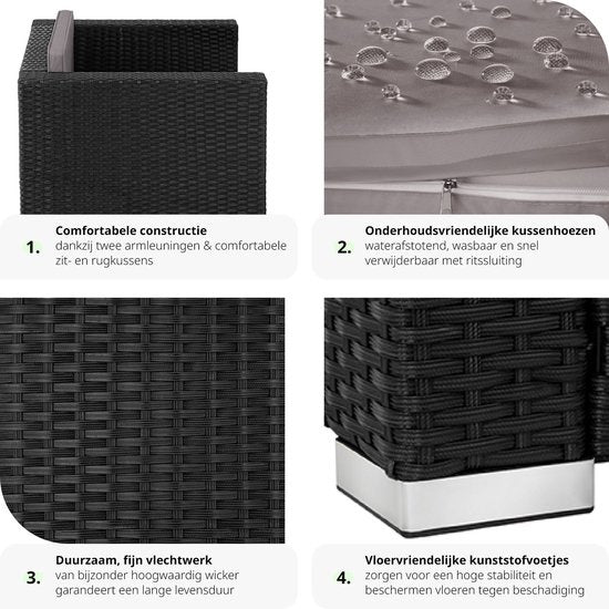tectake - bequemer Geflechtsessel mit Armlehnen, Gartenmöbel für Balkon, Garten, Lounge, 70 x 69 x 65 cm, wasserabweisende und abwaschbare Bezüge, inkl. Sitz- und Rückenkissen - schwarz - Poly-Rattan