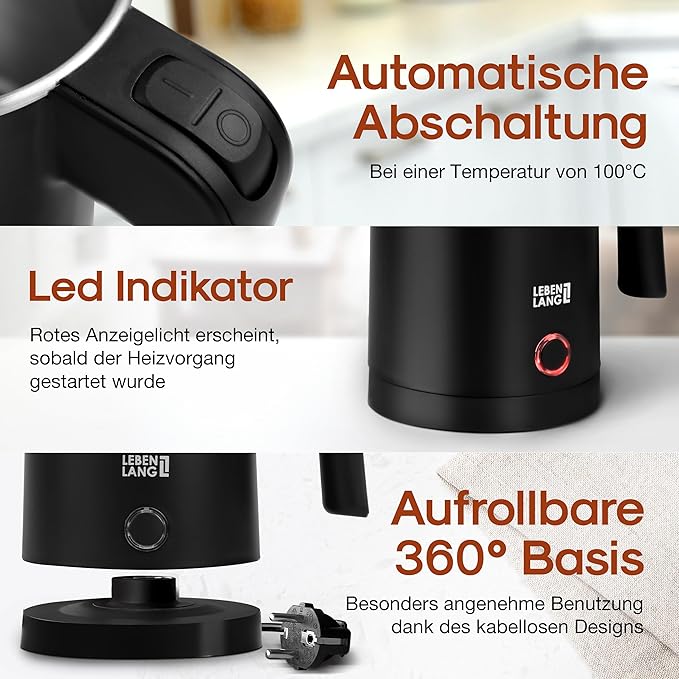 Lebenlang LBL2319 Elektrischer Wasserkocher - 0.5L - Edelstahl - 600W - Schwarz