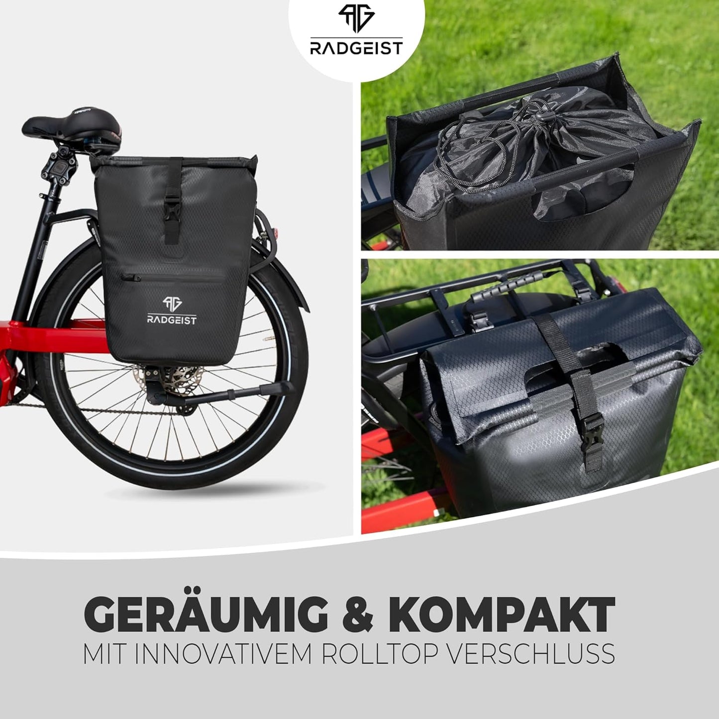 RADGEIST Fahrradtasche für Gepäckträger I Fahrradtasche Shopper mit abnehmbarer Kühltasche I Kuriertasche & Einkaufstasche 22-28 Liter - schwarz