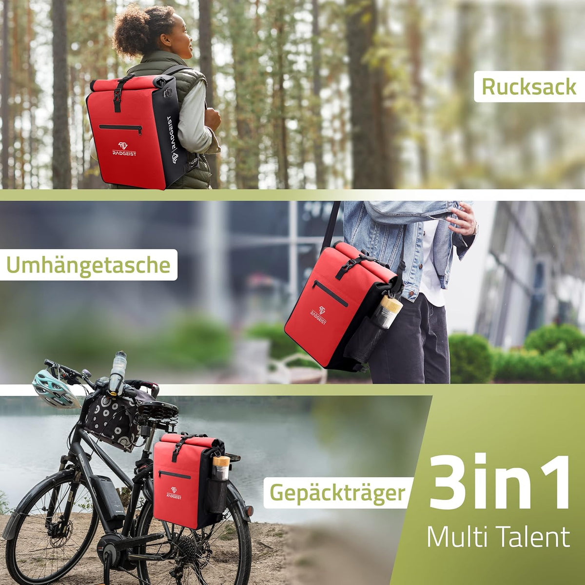 RADGEIST 3in1 Fahrradtasche - Für Gepäckträger - Rucksack - Tragetasche - Umhängetasche - Mit Laptopfach - Wasserdicht - 25L - Rot