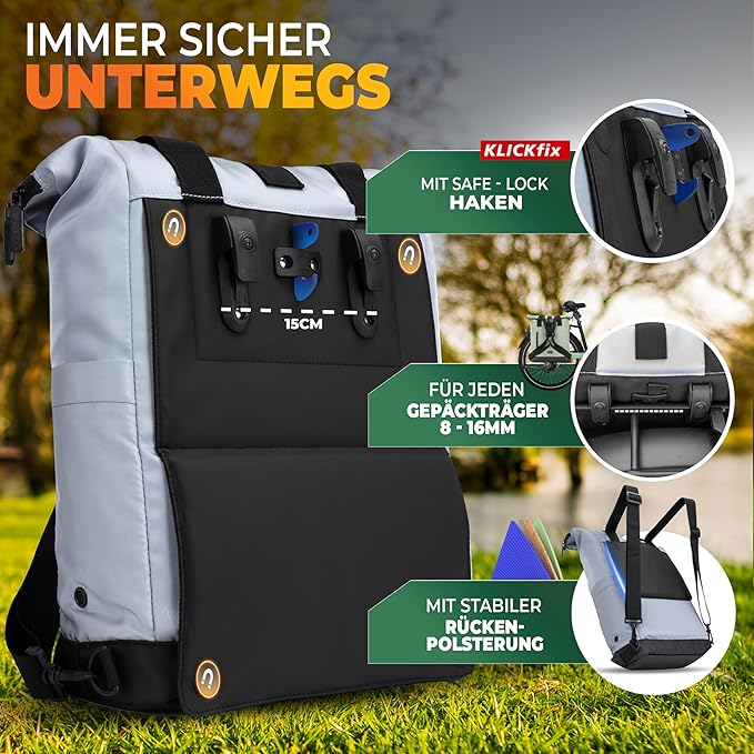 MIVELO - Gepäckträgertasche für Gepäckträger - 22 l Fassungsvermögen - Polyester - Reflektierend & Schwarz - Mit Laptop-Tasche & Schultergurt - Für E-Bike & City Bike
