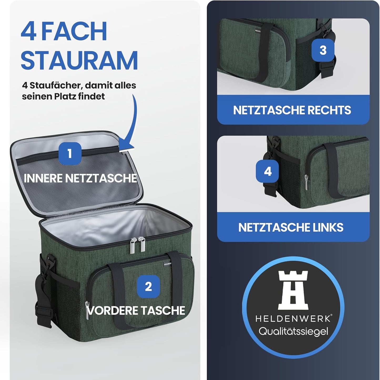 HELDENWERK Kühltasche klein & faltbar - 10 Liter Thermo-Lunchbag - wasserdicht & auslaufsicher - isolierte Picknick- und Kühltasche - mit Flaschenöffner - olivgrün