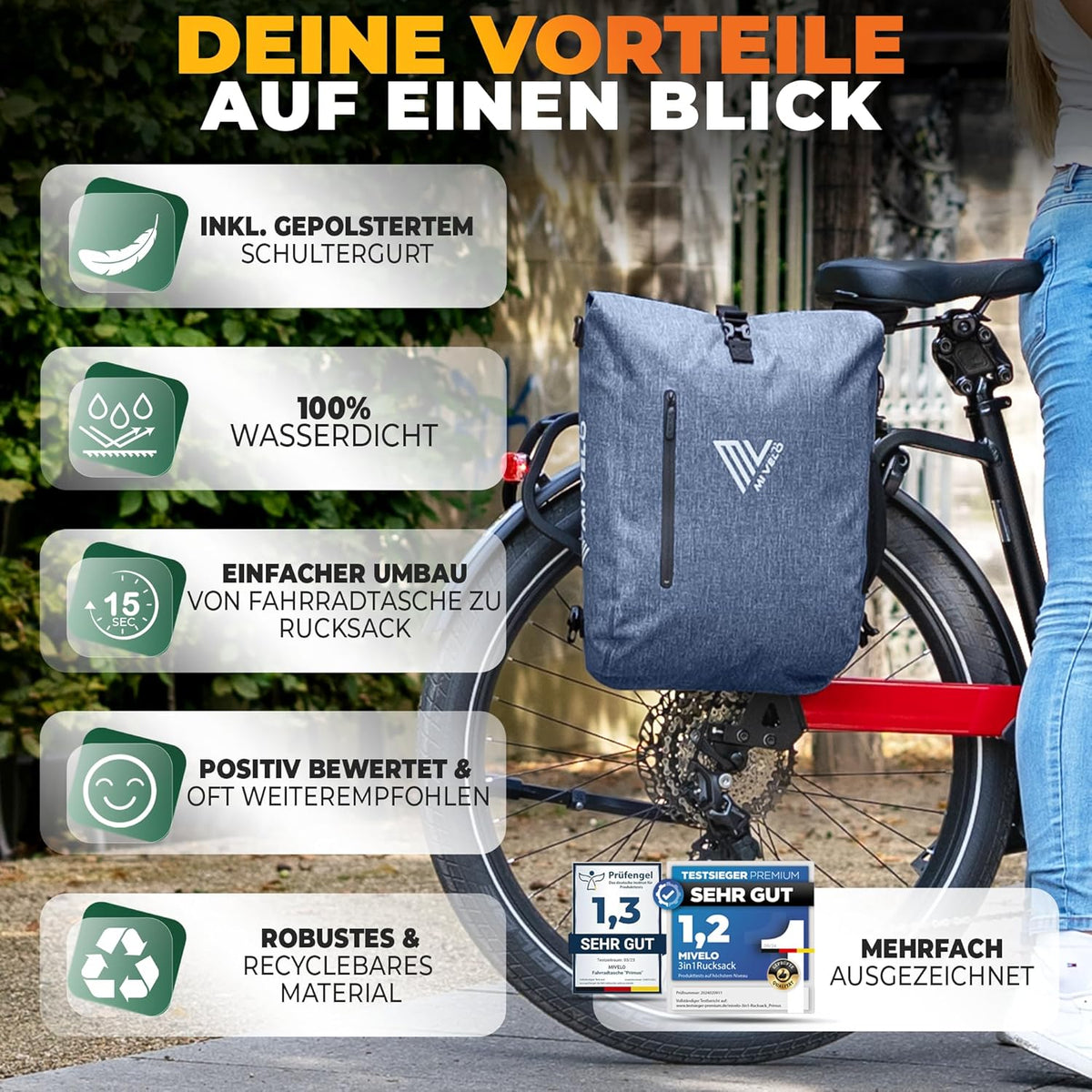 MIVELO - 3-in-1 wasserdichte Fahrradtasche mit Laptop-Fach und Schloss - PVC-frei - 20 L - Jeansblau