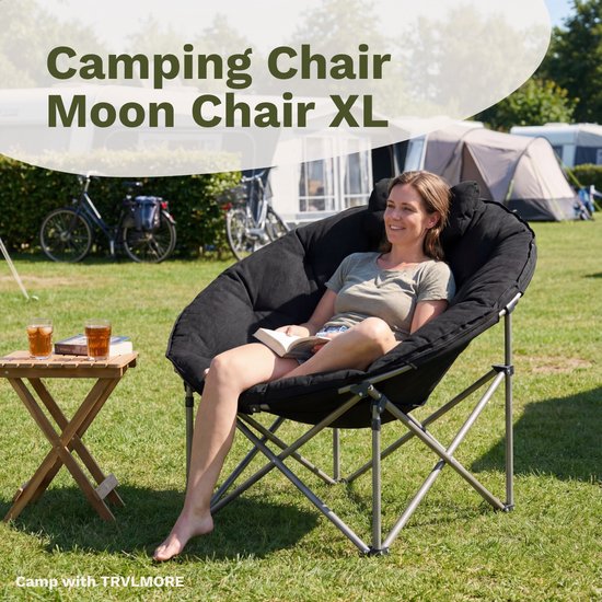 TRVLMORE Campingstuhl XL - klappbar - 150KG Tragkraft - inkl. Tragetasche - Klappstuhl - Campingstuhl - Klappstuhl - Schwarz