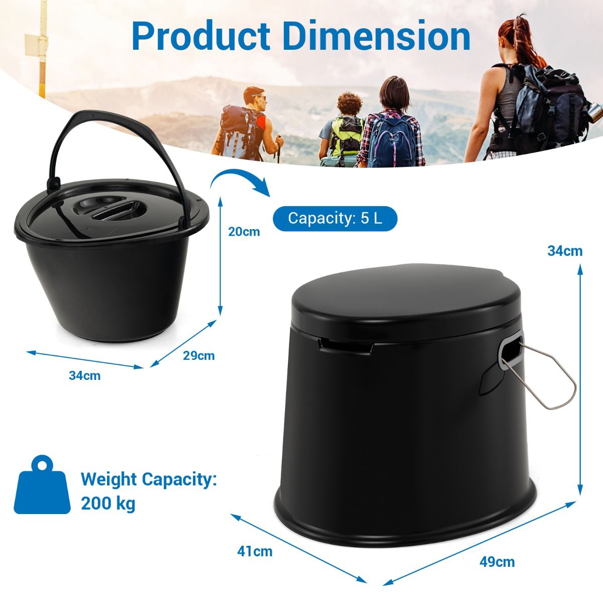 coast Tragbare Reisetoilette 41x49x34 cm Schwarz Leichtgewicht mit herausnehmbarem Inneneimer und Toilettenpapierhalter