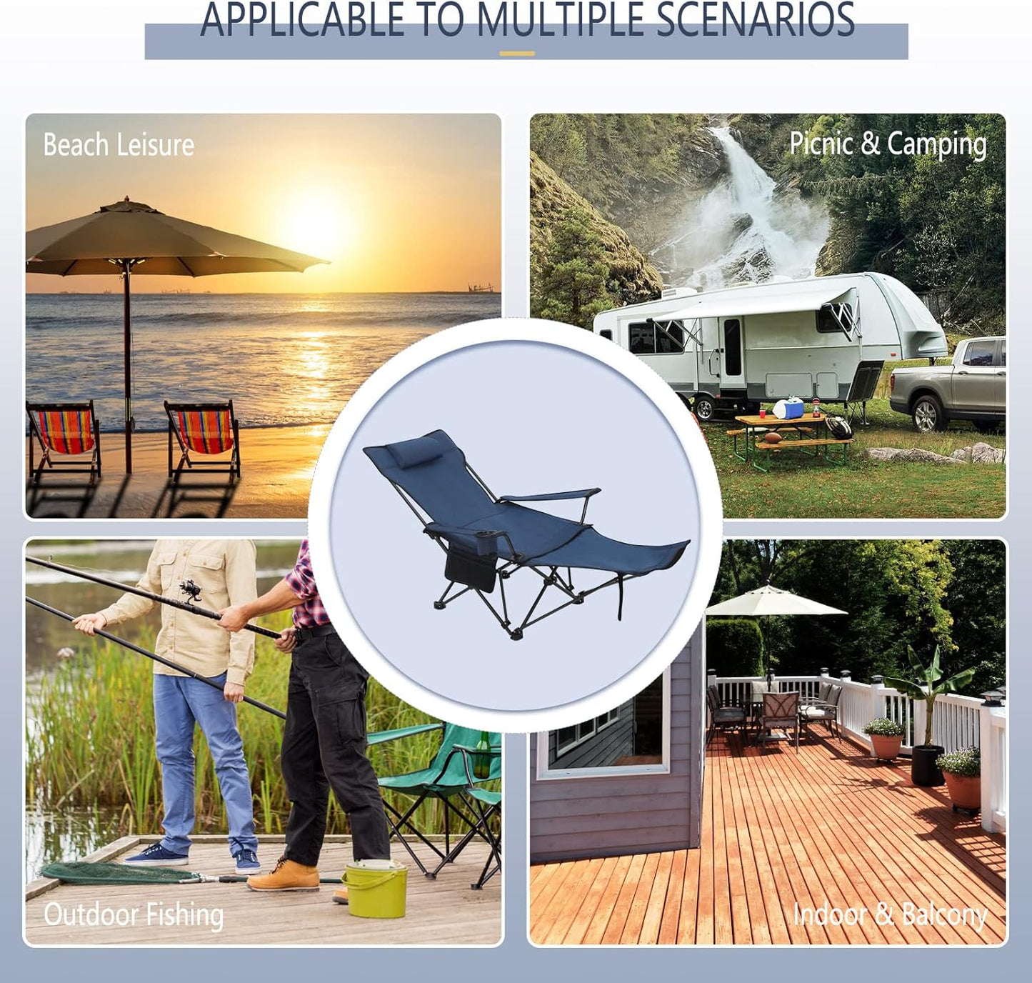 Woltu Campingstuhl 2er Set - Zusammenklappbare Liege mit Fußstütze und Becherhalter - 160 x 88,5 x 84 cm - Blau
