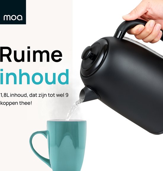 MOA Wasserkocher 1,8 Liter - Elektrischer Wasserkocher - Mit Kalkfilter und Anti-Rutsch - 2200W - Schwarz