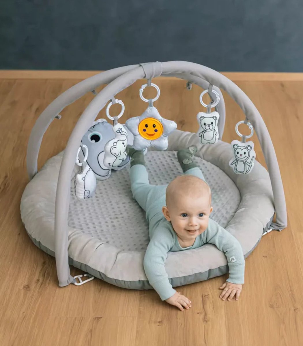 Fuegobird Babygym - 4-in-1 Spielmatte mit Sound & weichen Materialien - 85 x 85 x 55 cm - Grau