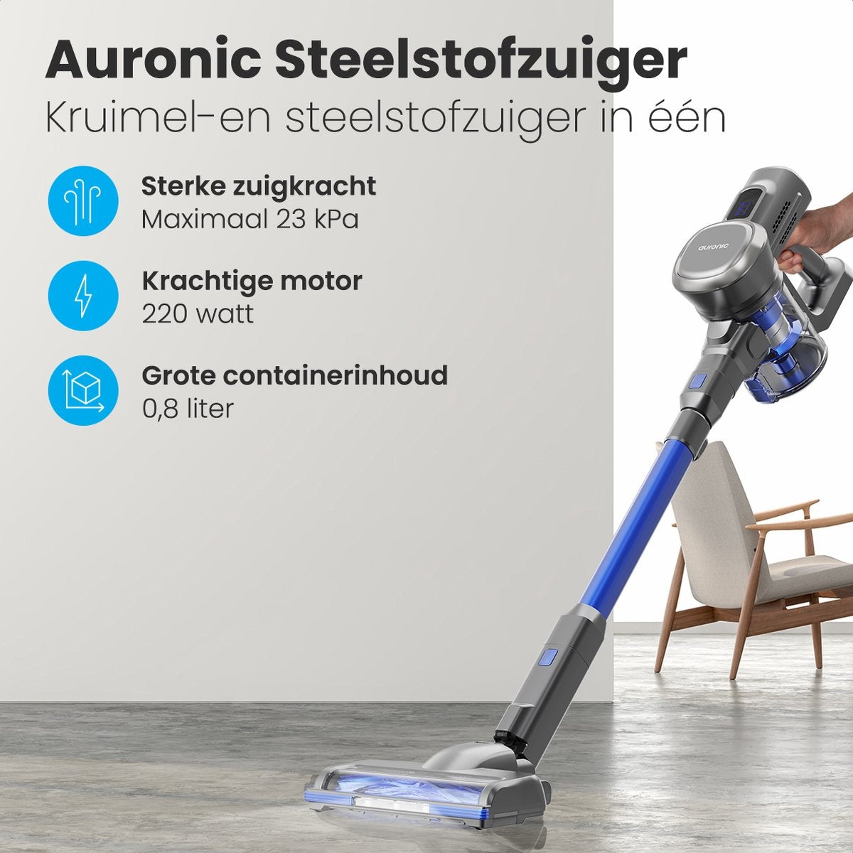 Auronic Stick Staubsauger - Kabellos - Beutellos - Akkubetrieben - Freistehend - 220 W - Grau/Blau