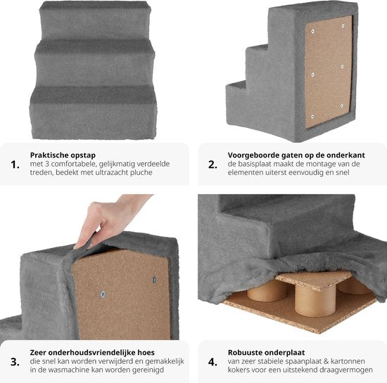 tectake Hundetreppe oder Katzentreppe, Haustiertreppe, Einstiegshilfe mit waschbarem Bezug, extra flache Treppe, Haustiertreppe für Sofa, Bett oder Auto (grau, 37 x 45 x 34,5 cm)